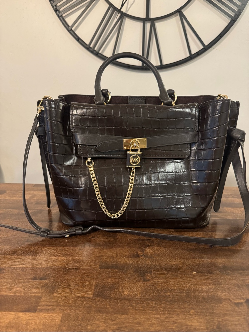 Michael Kors Dark Brown Croc-Embossed Leather Satchel with Gold Hardware